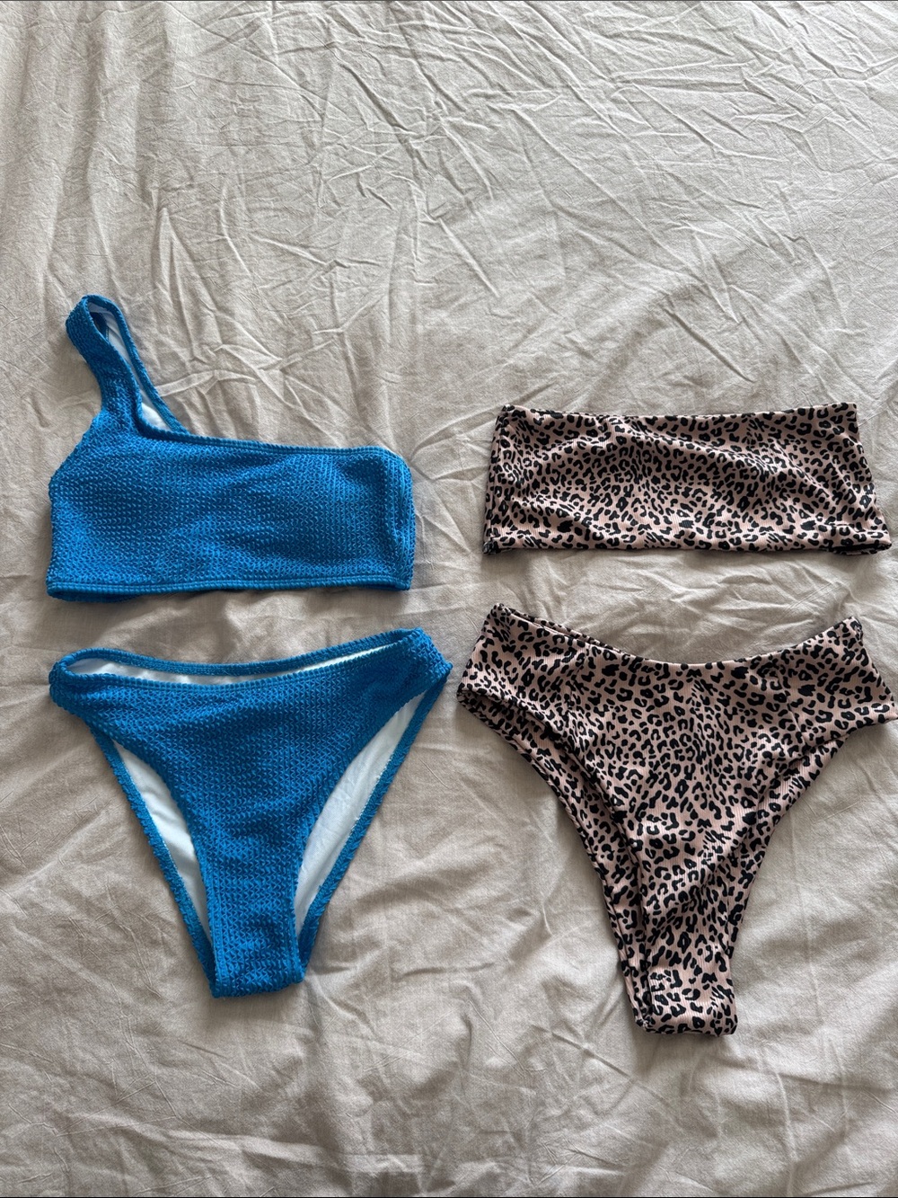 SHEIN Blue Textured One-Shoulder Bikini & Leopard Print Bandeau Set